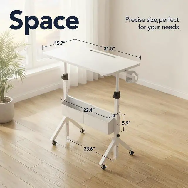 Alt view image 3 of 7 - Mobile Standing Desk with Wheels and Storage Basket, Height Adjustable 28.7"-46.1" Rolling Desk for Walking Pad, Small Space Laptop Computer Workstation for Home Office,White