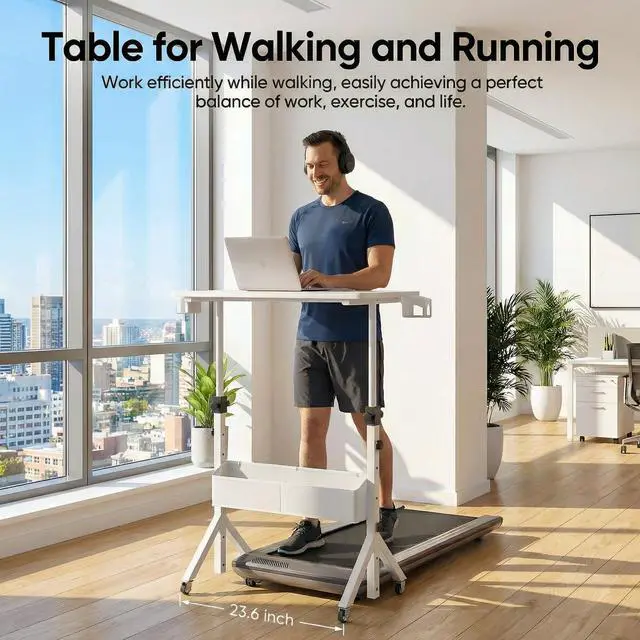 Alt view image 4 of 7 - Mobile Standing Desk with Wheels and Storage Basket, Height Adjustable 28.7"-46.1" Rolling Desk for Walking Pad, Small Space Laptop Computer Workstation for Home Office,White