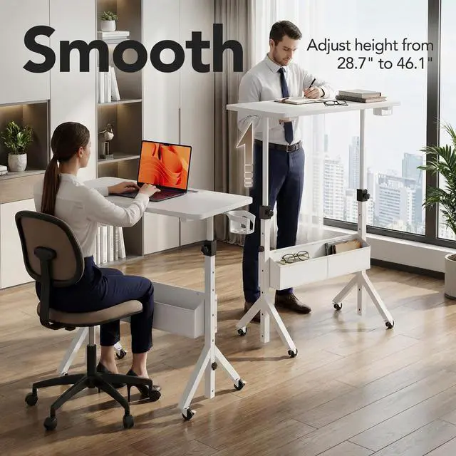 Alt view image 5 of 7 - Mobile Standing Desk with Wheels and Storage Basket, Height Adjustable 28.7"-46.1" Rolling Desk for Walking Pad, Small Space Laptop Computer Workstation for Home Office,White