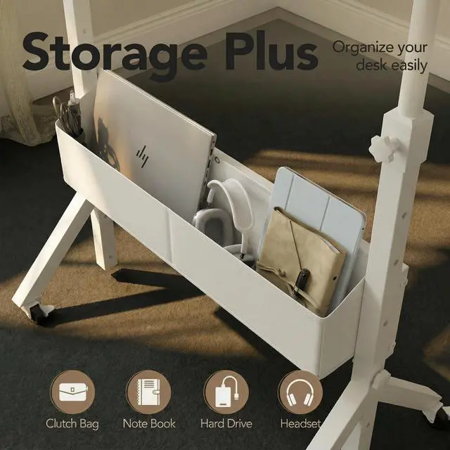 Alt view image 6 of 7 - Mobile Standing Desk with Wheels and Storage Basket, Height Adjustable 28.7"-46.1" Rolling Desk for Walking Pad, Small Space Laptop Computer Workstation for Home Office,White