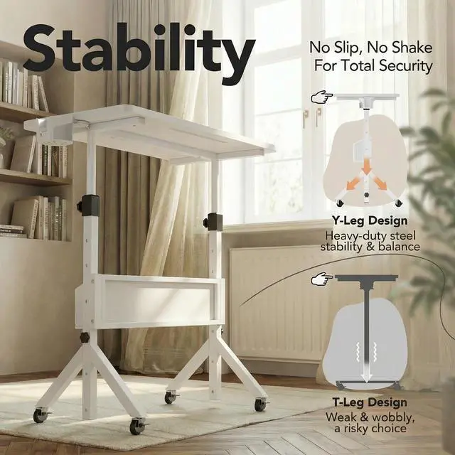 Alt view image 7 of 7 - Mobile Standing Desk with Wheels and Storage Basket, Height Adjustable 28.7"-46.1" Rolling Desk for Walking Pad, Small Space Laptop Computer Workstation for Home Office,White