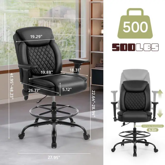 Alt view image 2 of 7 - Drafting Chair,Executive Tall Office Chair Flip-up Armrests for Counter Height Desk Drawing Use,High Task Chair with Adjustable Foot Ring & Inflatable Lumbar Support, Swivel Computer Stool,PU Black