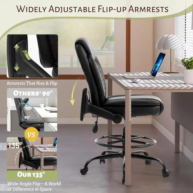 Alt view image 4 of 7 - Drafting Chair,Executive Tall Office Chair Flip-up Armrests for Counter Height Desk Drawing Use,High Task Chair with Adjustable Foot Ring & Inflatable Lumbar Support, Swivel Computer Stool,PU Black
