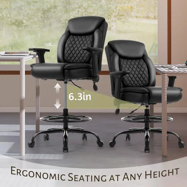Alt view image 5 of 7 - Drafting Chair,Executive Tall Office Chair Flip-up Armrests for Counter Height Desk Drawing Use,High Task Chair with Adjustable Foot Ring & Inflatable Lumbar Support, Swivel Computer Stool,PU Black