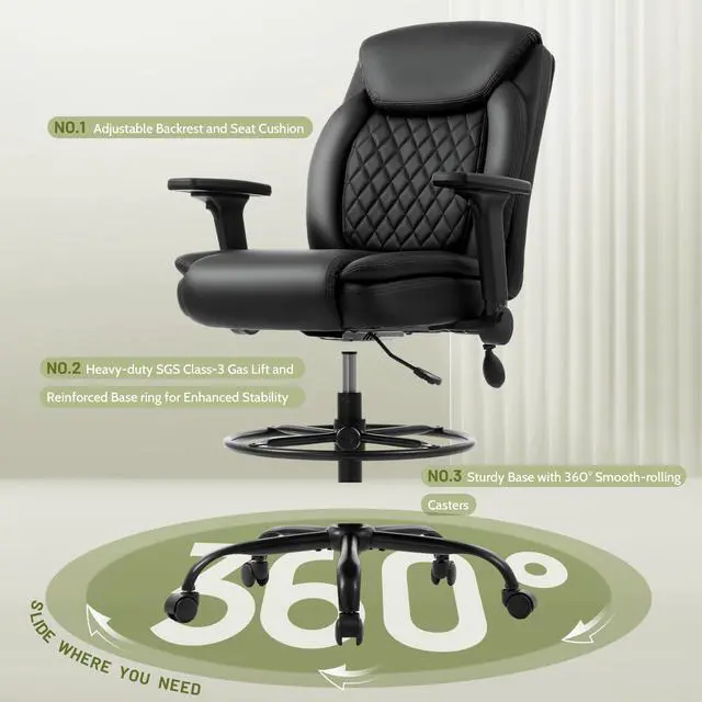 Alt view image 6 of 7 - Drafting Chair,Executive Tall Office Chair Flip-up Armrests for Counter Height Desk Drawing Use,High Task Chair with Adjustable Foot Ring & Inflatable Lumbar Support, Swivel Computer Stool,PU Black