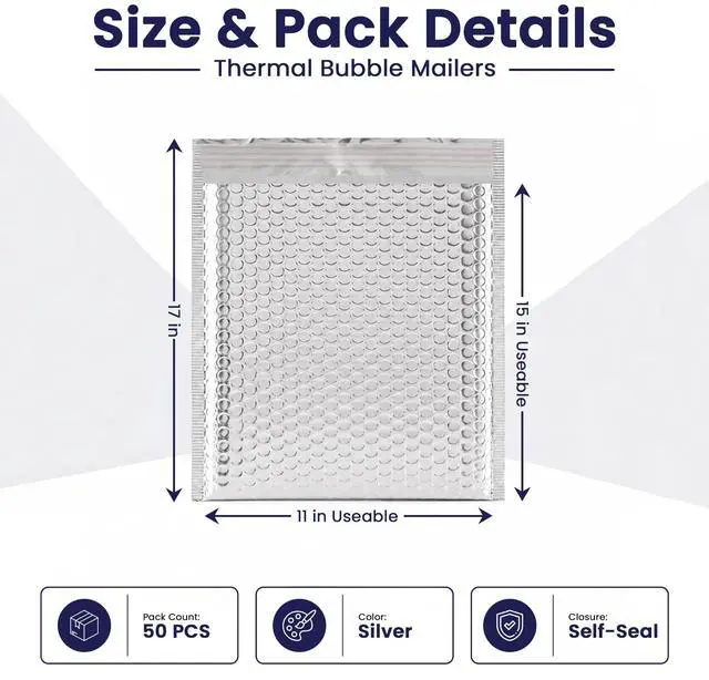 Alt view image 2 of 7 - Waterproof Self-Seal Insulated Foil Thermal Bubble Mailers 11x15, 50-Pack | Ideal for food, skincare, cosmetics & perishables. Tear-resistant metallic lining protects temperature-sensitive items