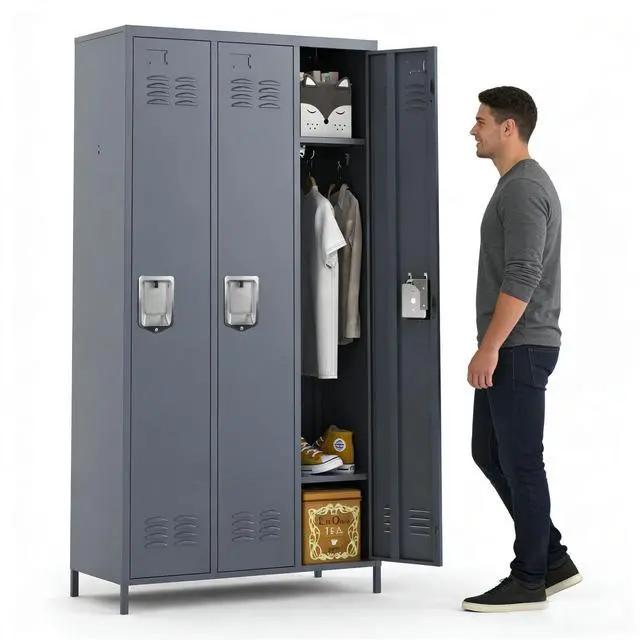 Main image of Upgraded 3-Door Lockers for Employees, Metal Storage Cabinet | Heavy-duty steel, lockable, shelves & hooks, ventilated, card slot included, fits home/office/school/gym, easy assembly