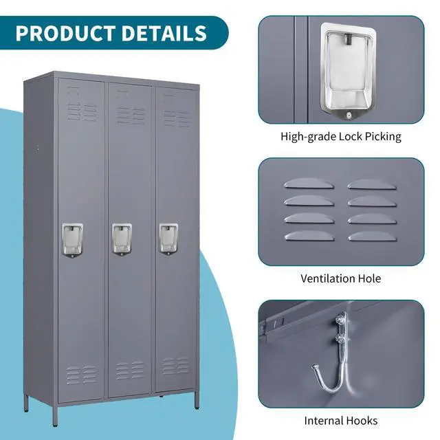 Alt view image 4 of 7 - Upgraded 3-Door Lockers for Employees, Metal Storage Cabinet | Heavy-duty steel, lockable, shelves & hooks, ventilated, card slot included, fits home/office/school/gym, easy assembly