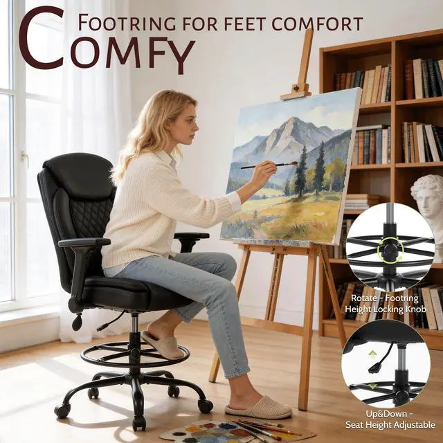 Alt view image 7 of 7 - Drafting Chair,Executive Tall Office Chair Flip-up Armrests for Counter Height Desk Drawing Use,High Task Chair with Adjustable Foot Ring & Inflatable Lumbar Support, Swivel Computer Stool,PU Black