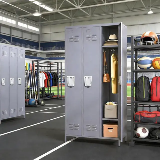 Alt view image 2 of 7 - Upgraded 3-Door Lockers for Employees, Metal Storage Cabinet | Heavy-duty steel, lockable, shelves & hooks, ventilated, card slot included, fits home/office/school/gym, easy assembly