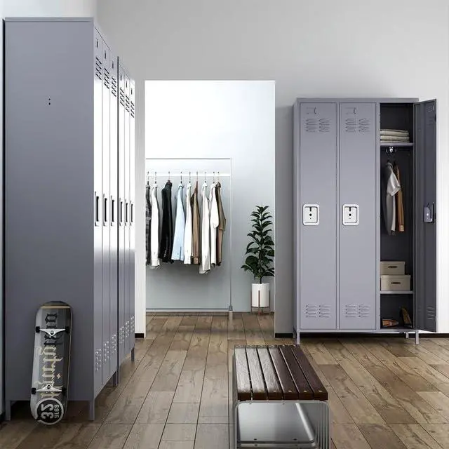 Alt view image 5 of 7 - Upgraded 3-Door Lockers for Employees, Metal Storage Cabinet | Heavy-duty steel, lockable, shelves & hooks, ventilated, card slot included, fits home/office/school/gym, easy assembly