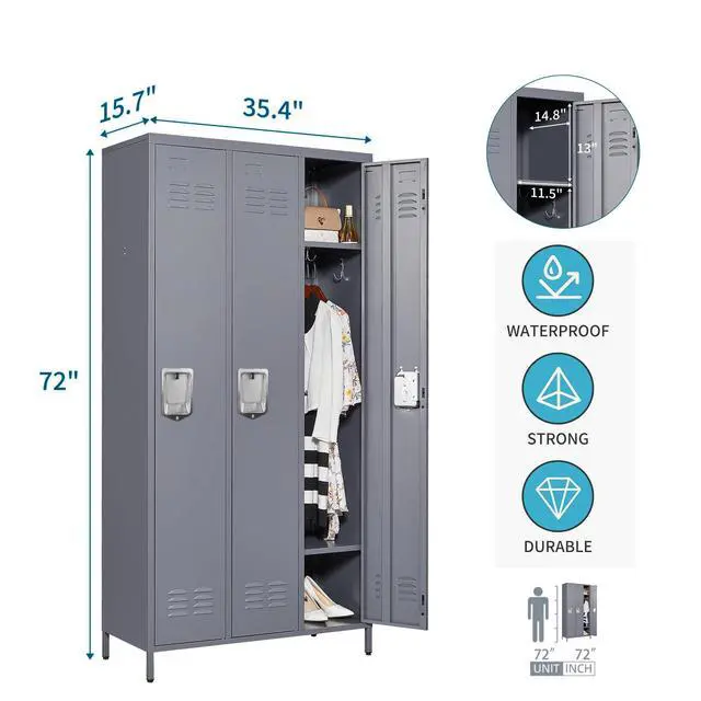 Alt view image 3 of 7 - Upgraded 3-Door Lockers for Employees, Metal Storage Cabinet | Heavy-duty steel, lockable, shelves & hooks, ventilated, card slot included, fits home/office/school/gym, easy assembly