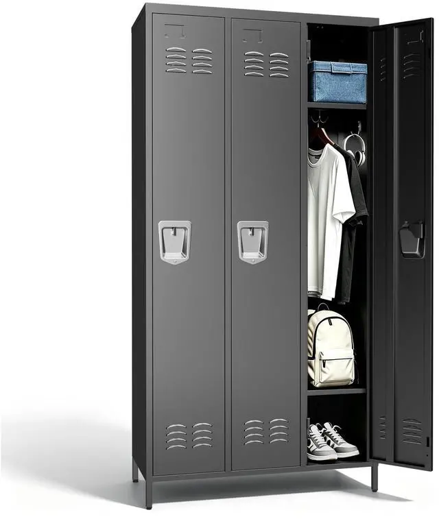 Main image of 3-Door Lockers for Employees, Metal Storage Cabinet | Heavy-duty steel, lockable, shelves & hooks, ventilated, card slot included, fits home/office/school/gym, easy assembly