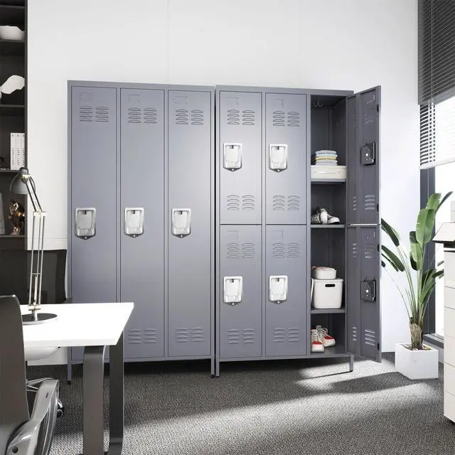 Alt view image 6 of 7 - Upgraded 3-Door Lockers for Employees, Metal Storage Cabinet | Heavy-duty steel, lockable, shelves & hooks, ventilated, card slot included, fits home/office/school/gym, easy assembly