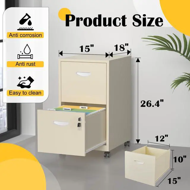 Alt view image 3 of 7 - 2 Drawer File Cabinet,Metal Mobile File Cabinet with Lock Cream | Filing Cabinet with Wheel,Vertical File Cabinet for Home Office,Under Desk Rolling File Cabinets for Hanging Letter/A4