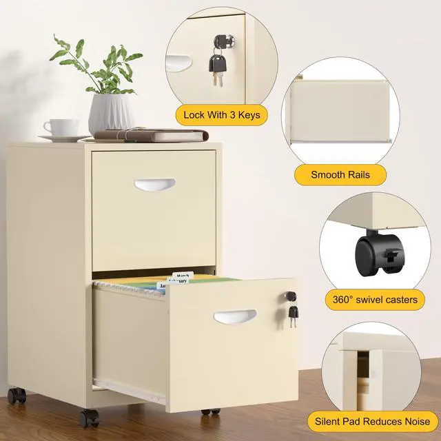 Alt view image 5 of 7 - 2 Drawer File Cabinet,Metal Mobile File Cabinet with Lock Cream | Filing Cabinet with Wheel,Vertical File Cabinet for Home Office,Under Desk Rolling File Cabinets for Hanging Letter/A4