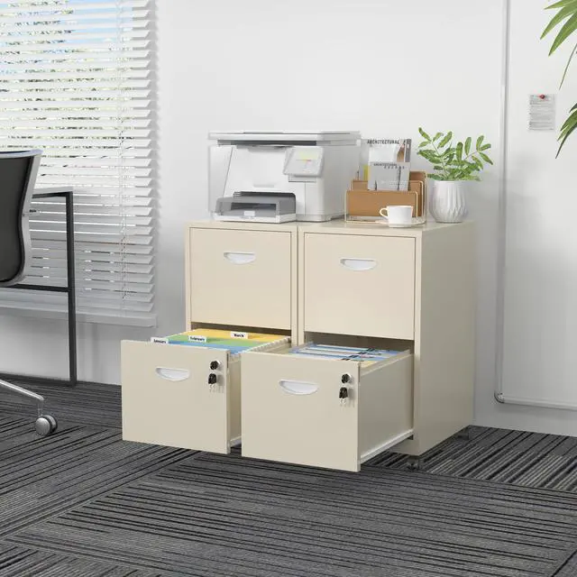 Alt view image 4 of 7 - 2 Drawer File Cabinet,Metal Mobile File Cabinet with Lock Cream | Filing Cabinet with Wheel,Vertical File Cabinet for Home Office,Under Desk Rolling File Cabinets for Hanging Letter/A4