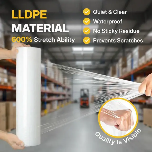 Alt view image 5 of 7 - Industrial Stretch Wrap, 18" x 1500', 60 Gauge 20 Microns, Up to 600% Stretch, Clear Heavy Duty Self-Adhering Plastic Film for Pallet Packing Moving Shipping Box of 4 Rolls