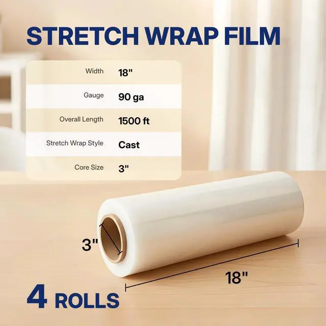Alt view image 3 of 7 - Industrial Stretch Wrap, 18" x 1500', 90 Gauge 34 Microns, Up to 1000% Stretch, Clear Heavy Duty Self-Adhering Plastic Film for Pallet Packing Moving Shipping Box of 4 Rolls