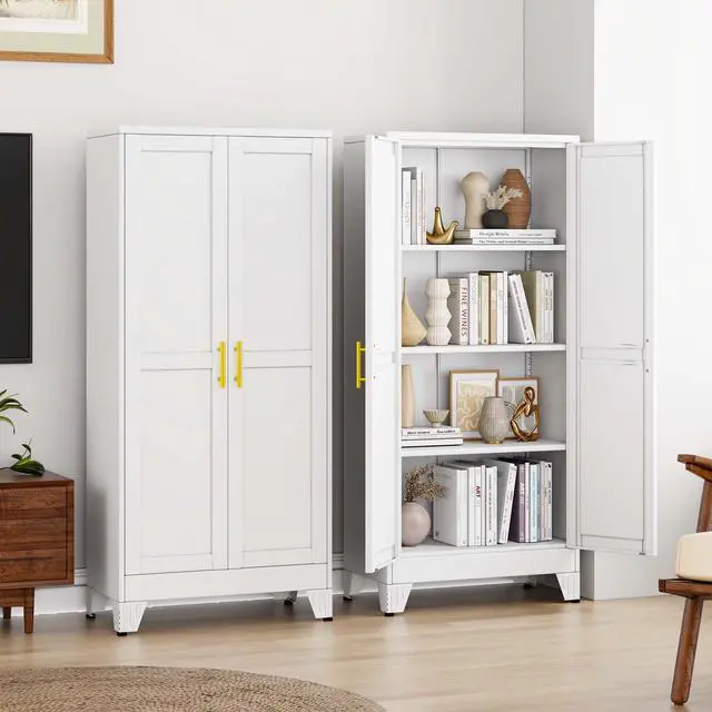 Alt view image 2 of 7 - 61" White Steel Tall Garage Storage Cabinet | Office File Cabinet with 2 Doors 3 Adjustable Shelves, Multipurpose Steel Organizer for Home, Office & Garage