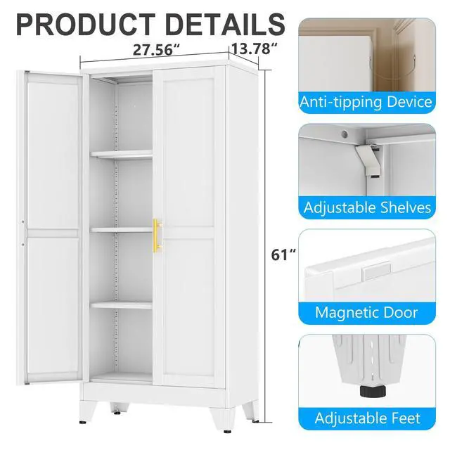 Alt view image 3 of 7 - 61" White Steel Tall Garage Storage Cabinet | Office File Cabinet with 2 Doors 3 Adjustable Shelves, Multipurpose Steel Organizer for Home, Office & Garage