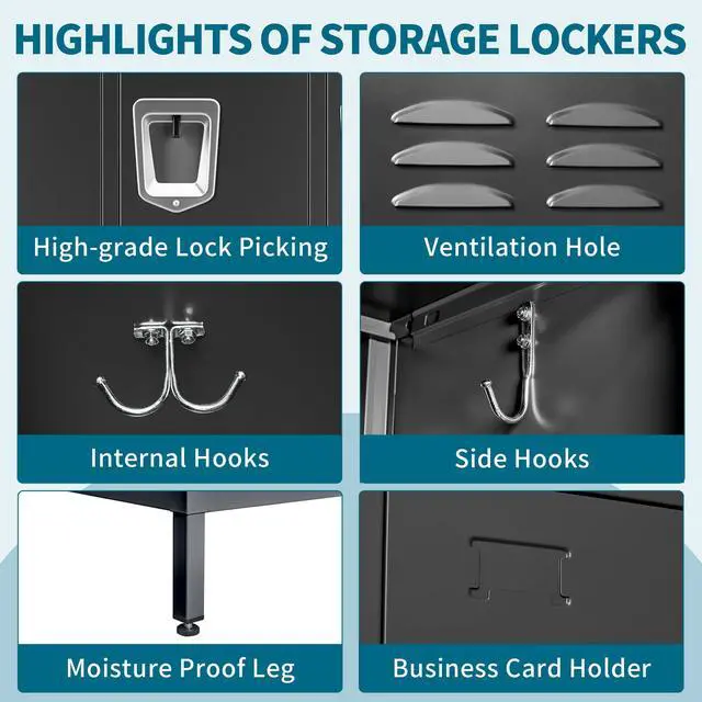 Alt view image 4 of 7 - 3-Door Lockers for Employees, Metal Storage Cabinet | Heavy-duty steel, lockable, shelves & hooks, ventilated, card slot included, fits home/office/school/gym, easy assembly