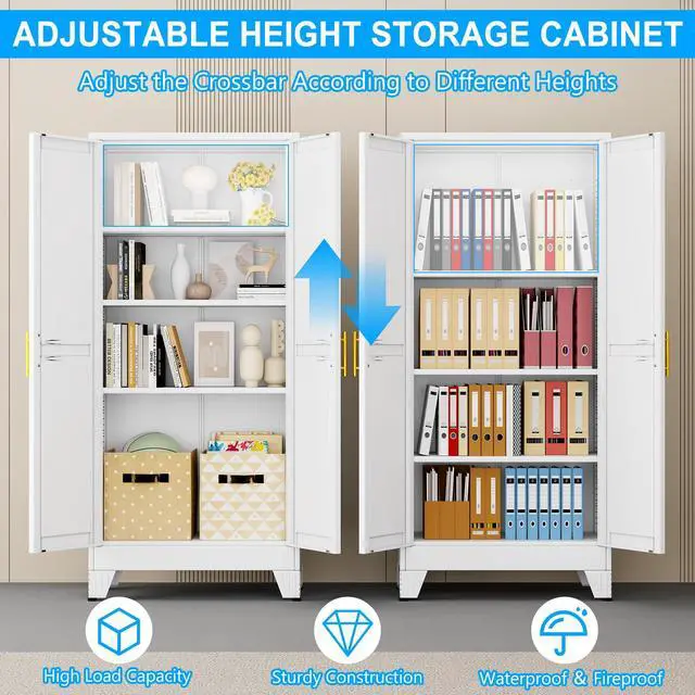 Alt view image 4 of 7 - 61" White Steel Tall Garage Storage Cabinet | Office File Cabinet with 2 Doors 3 Adjustable Shelves, Multipurpose Steel Organizer for Home, Office & Garage