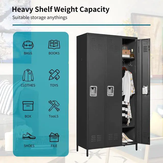 Alt view image 5 of 7 - 3-Door Lockers for Employees, Metal Storage Cabinet | Heavy-duty steel, lockable, shelves & hooks, ventilated, card slot included, fits home/office/school/gym, easy assembly