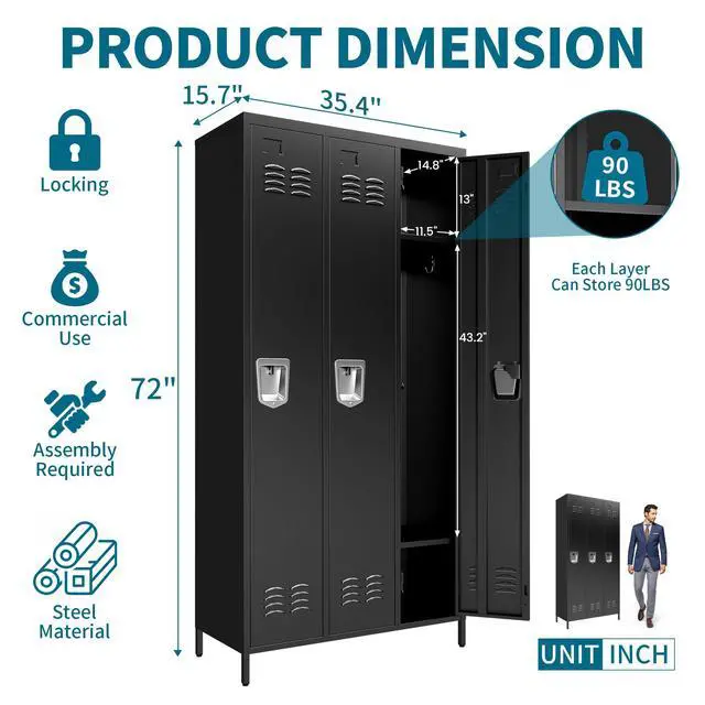 Alt view image 3 of 7 - 3-Door Lockers for Employees, Metal Storage Cabinet | Heavy-duty steel, lockable, shelves & hooks, ventilated, card slot included, fits home/office/school/gym, easy assembly