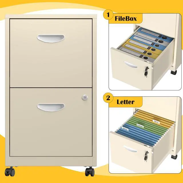 Alt view image 7 of 7 - 2 Drawer File Cabinet,Metal Mobile File Cabinet with Lock Cream | Filing Cabinet with Wheel,Vertical File Cabinet for Home Office,Under Desk Rolling File Cabinets for Hanging Letter/A4