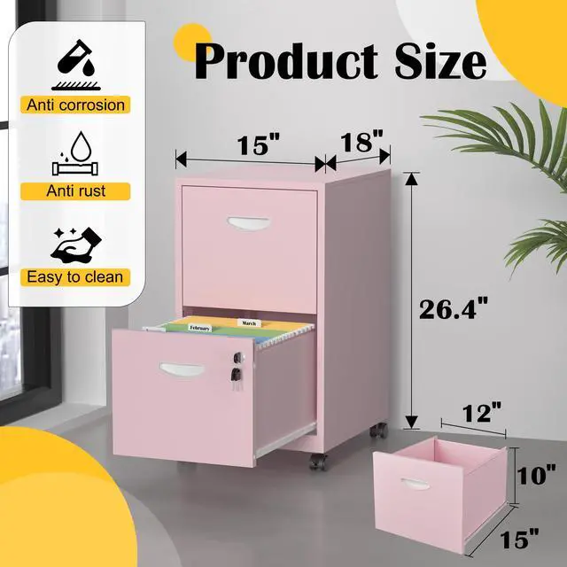 Alt view image 3 of 7 - 2 Drawer File Cabinet,Metal Mobile File Cabinet with Lock Pink | Filing Cabinet with Wheel,Vertical File Cabinet for Home Office,Under Desk Rolling File Cabinets for Hanging Letter/A4