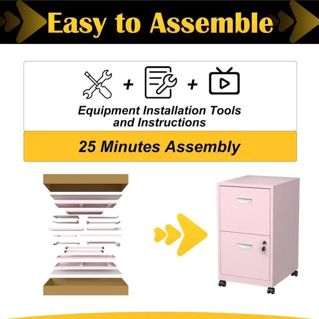 Alt view image 7 of 7 - 2 Drawer File Cabinet,Metal Mobile File Cabinet with Lock Pink | Filing Cabinet with Wheel,Vertical File Cabinet for Home Office,Under Desk Rolling File Cabinets for Hanging Letter/A4