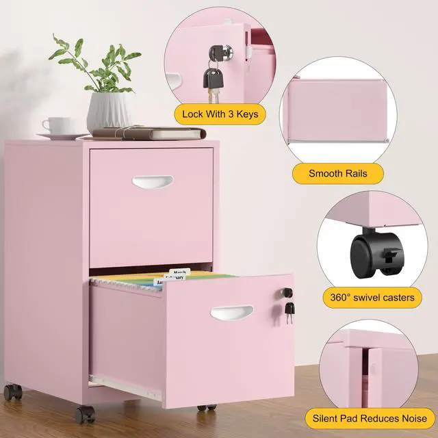 Alt view image 5 of 7 - 2 Drawer File Cabinet,Metal Mobile File Cabinet with Lock Pink | Filing Cabinet with Wheel,Vertical File Cabinet for Home Office,Under Desk Rolling File Cabinets for Hanging Letter/A4