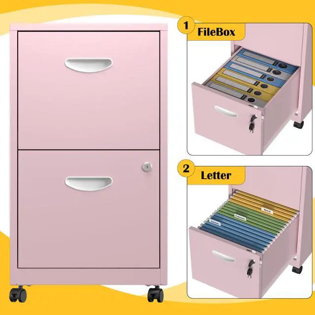 Alt view image 6 of 7 - 2 Drawer File Cabinet,Metal Mobile File Cabinet with Lock Pink | Filing Cabinet with Wheel,Vertical File Cabinet for Home Office,Under Desk Rolling File Cabinets for Hanging Letter/A4