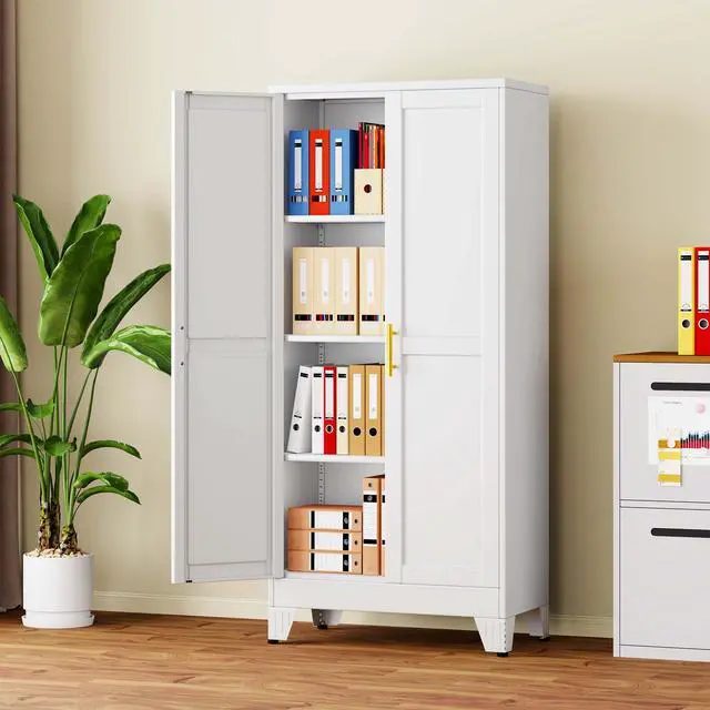 Alt view image 7 of 7 - 61" White Steel Tall Garage Storage Cabinet | Office File Cabinet with 2 Doors 3 Adjustable Shelves, Multipurpose Steel Organizer for Home, Office & Garage