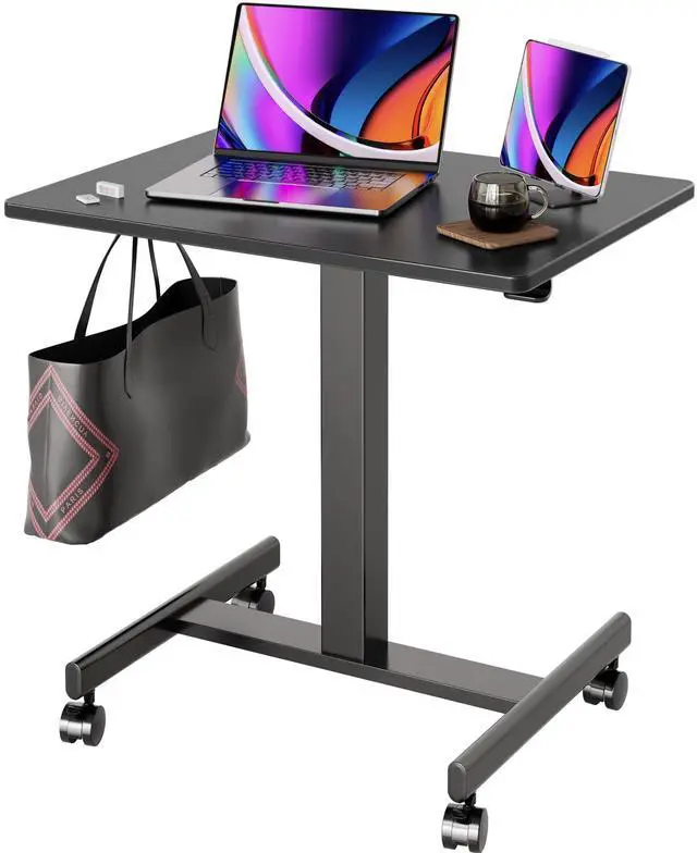 Main image of Mobile Rolling Desk Small Portable Laptop Cart on Wheels, 28" Black | Rolling Adjustable Desk, Lockable Wheels, Gas Spring Lift, Side Hook, Easy Assembly