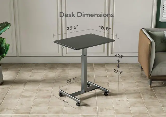 Alt view image 3 of 6 - Mobile Rolling Desk Small Portable Laptop Cart on Wheels, 28" Black | Rolling Adjustable Desk, Lockable Wheels, Gas Spring Lift, Side Hook, Easy Assembly