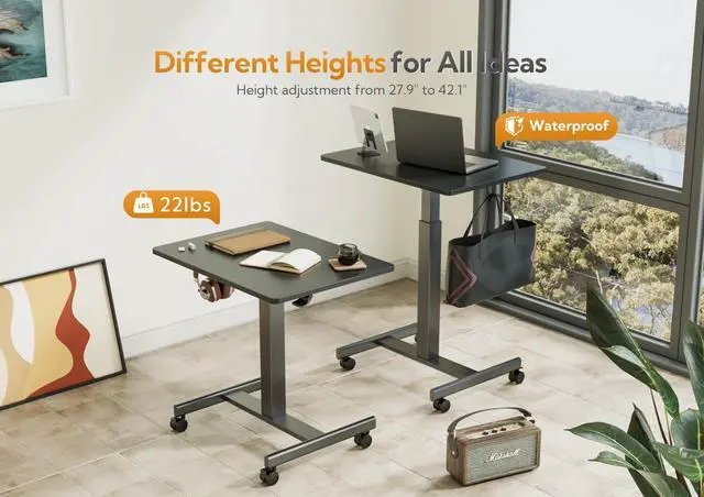 Alt view image 5 of 6 - Mobile Rolling Desk Small Portable Laptop Cart on Wheels, 28" Black | Rolling Adjustable Desk, Lockable Wheels, Gas Spring Lift, Side Hook, Easy Assembly