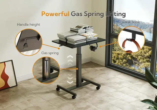 Alt view image 6 of 6 - Mobile Rolling Desk Small Portable Laptop Cart on Wheels, 28" Black | Rolling Adjustable Desk, Lockable Wheels, Gas Spring Lift, Side Hook, Easy Assembly
