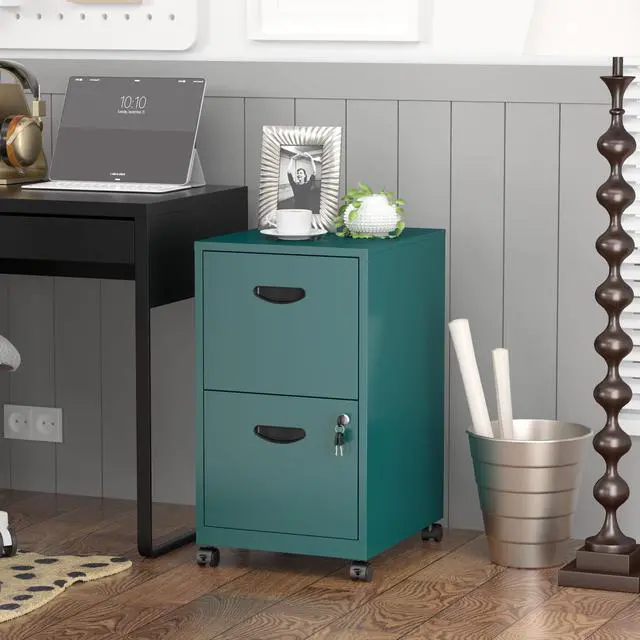 Alt view image 2 of 7 - 2 Drawer File Cabinet,Metal Mobile File Cabinet with Lock Green | Filing Cabinet with Wheel,Vertical File Cabinet for Home Office,Under Desk Rolling File Cabinets for Hanging Letter/A4