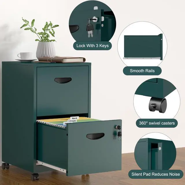 Alt view image 4 of 7 - 2 Drawer File Cabinet,Metal Mobile File Cabinet with Lock Green | Filing Cabinet with Wheel,Vertical File Cabinet for Home Office,Under Desk Rolling File Cabinets for Hanging Letter/A4