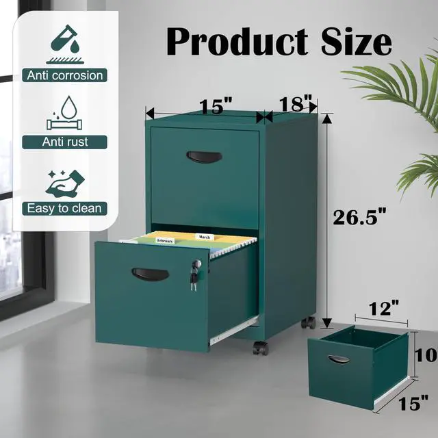Alt view image 3 of 7 - 2 Drawer File Cabinet,Metal Mobile File Cabinet with Lock Green | Filing Cabinet with Wheel,Vertical File Cabinet for Home Office,Under Desk Rolling File Cabinets for Hanging Letter/A4