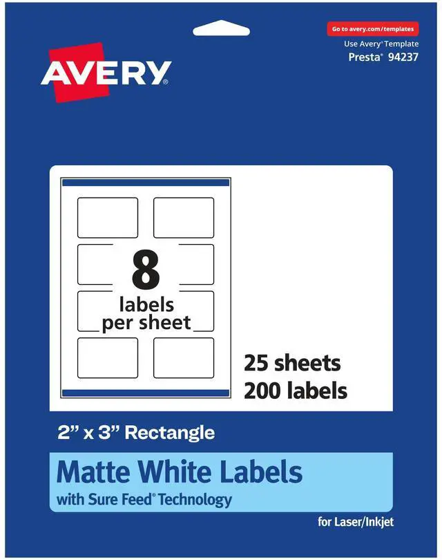 Main image of ® Matte White Rectangle Labels, Sure Feed® Technology, 2" x 3", 200 Matte White Printable Labels