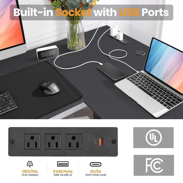 Alt view image 3 of 7 - 63 L Shaped Standing Desk with Charging Station,Supports Left and Right Swapping,Electric Height Adjustable Corner Stand Up Desk.Free Hook, Lockable Wheels,Mouse Pad,Black