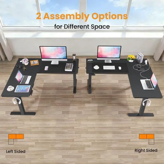 Alt view image 7 of 7 - 63 L Shaped Standing Desk with Charging Station,Supports Left and Right Swapping,Electric Height Adjustable Corner Stand Up Desk.Free Hook, Lockable Wheels,Mouse Pad,Black