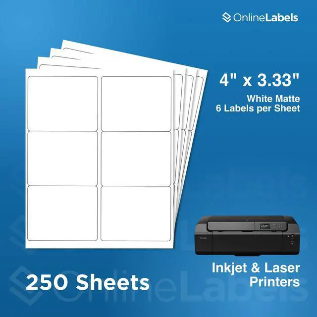 Alt view image 2 of 7 - OnlineLabels 4" x 3.33" Labels - White Matte - Inkjet/Laser - 250 Sheets | Permanent Adhesive, Blank Rectangle Labels, Inkjet and Laser Compatible, Ideal for Shipping, Wine Bottles, & Pallets