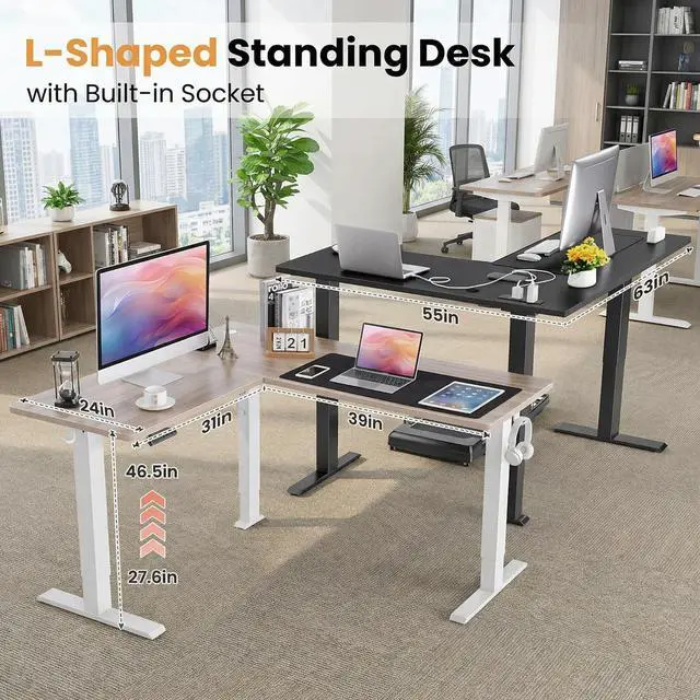 Alt view image 6 of 7 - 63 L Shaped Standing Desk with Charging Station,Supports Left and Right Swapping,Electric Height Adjustable Corner Stand Up Desk.Free Hook, Lockable Wheels,Mouse Pad,Black