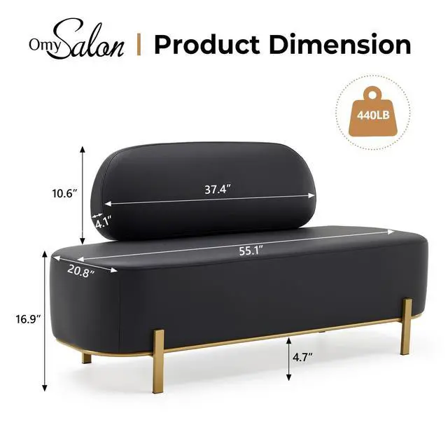 Alt view image 2 of 7 - Waiting Room Bench with Back, 55.1" Office Guest Chair, Faux Leather Upholstered Reception Seating, Lobby Bench for Beauty Salon Barbershop Airport Bank Hall Room Conference