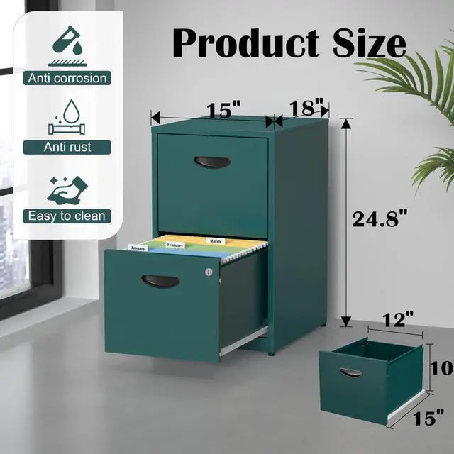 Alt view image 3 of 6 - 2 Drawer File Cabinet,Metal Office File Cabinet with Lock,Green | Filing Cabinets for Home Office,Vertical Modern File Cabinet Office Two Drawers for Hanging Letter,Assembly Required