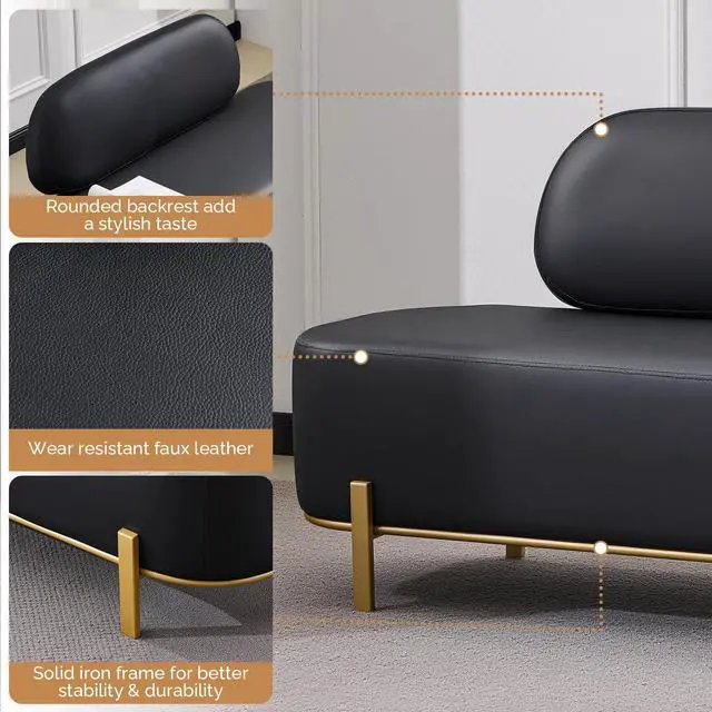 Alt view image 4 of 7 - Waiting Room Bench with Back, 55.1" Office Guest Chair, Faux Leather Upholstered Reception Seating, Lobby Bench for Beauty Salon Barbershop Airport Bank Hall Room Conference